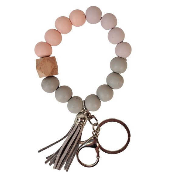 Blossom - Pink, Lavendar, Grey & Beige Beaded Wristlet Keychain w/ Tassel. - Picture 1 of 5